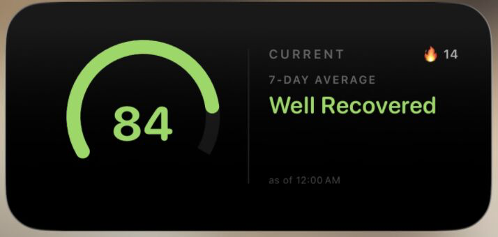 Current recovery score widget showing a score of 84, Well Recovered